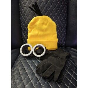 3PCS Minion Halloween Adult Costume Accessory Set Goggles Yellow Beanie Gloves